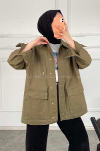 Modalamelif Önü Fermuar Detaylı Çift Cepli Gabardin Ceket Haki