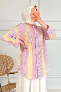 Modalamelif Renk Garnili Çizgili Gömlek Lila