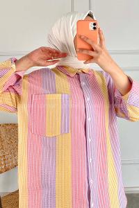 Modalamelif Renk Garnili Çizgili Gömlek Lila