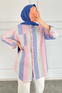 Modalamelif Renk Garnili Çizgili Gömlek Mint Yeşili