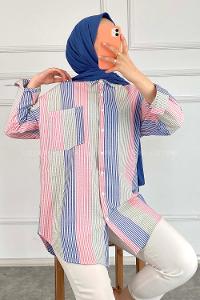 Modalamelif Renk Garnili Çizgili Gömlek Mint Yeşili