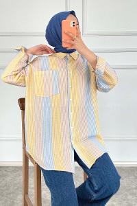 Modalamelif Renk Garnili Çizgili Gömlek Sarı