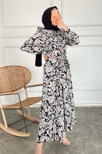 Modalamelif Yaka Fırfırlı Çiçek Desenli Elbise Siyah