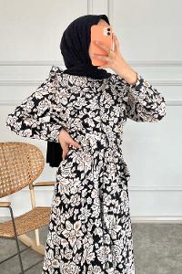 Modalamelif Yaka Fırfırlı Çiçek Desenli Elbise Siyah