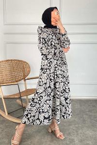 Modalamelif Yaka Fırfırlı Çiçek Desenli Elbise Siyah