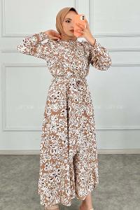 Modalamelif Yaka Fırfırlı Çiçek Desenli Elbise Sütlü Kahve