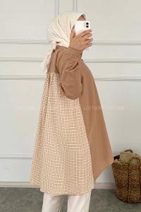 Modalamelif Arkası Pötikare Garnili Gömlek Camel