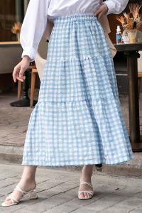 Modalamelif Beli Lastikli Ekose Fırfırlı Etek Açık Mavi