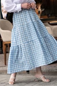 Modalamelif Beli Lastikli Ekose Fırfırlı Etek Açık Mavi