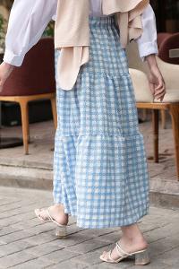 Modalamelif Beli Lastikli Ekose Fırfırlı Etek Açık Mavi