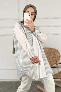 Modalamelif Çift Kapak Cepli Çizgili Gömlek Çağla Yeşili