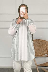 Modalamelif Çift Kapak Cepli Çizgili Gömlek Çağla Yeşili