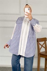 Modalamelif Çift Kapak Cepli Çizgili Gömlek Mavi