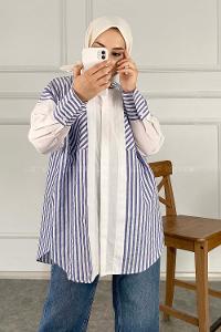 Modalamelif Çift Kapak Cepli Çizgili Gömlek Mavi