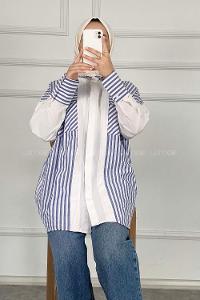 Modalamelif Çift Kapak Cepli Çizgili Gömlek Mavi