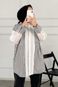 Modalamelif Çift Kapak Cepli Çizgili Gömlek Siyah