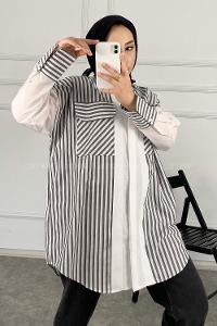 Modalamelif Çift Kapak Cepli Çizgili Gömlek Siyah