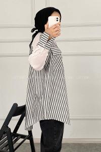 Modalamelif Çift Kapak Cepli Çizgili Gömlek Siyah