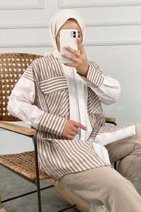 Modalamelif Çift Kapak Cepli Çizgili Gömlek Vizonrengi