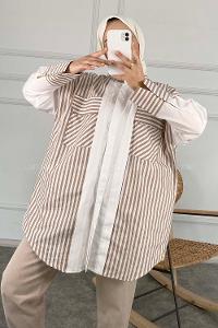 Modalamelif Çift Kapak Cepli Çizgili Gömlek Vizonrengi