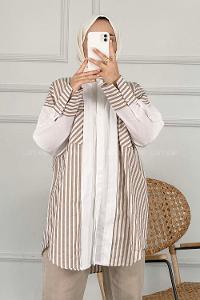 Modalamelif Çift Kapak Cepli Çizgili Gömlek Vizonrengi