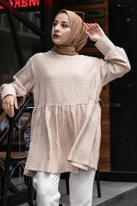 Modalamelif Eteği Fırfırlı Pötikare Salaş Tunik Sütlü Kahve