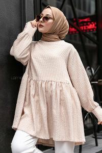 Modalamelif Eteği Fırfırlı Pötikare Salaş Tunik Sütlü Kahve