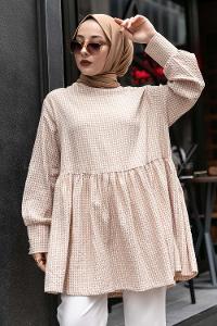 Modalamelif Eteği Fırfırlı Pötikare Salaş Tunik Sütlü Kahve