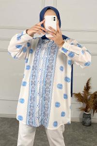 Modalamelif Etnik Desenli Salaş Gömlek Açık Mavi