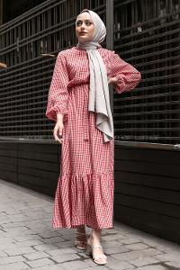 Modalamelif Kuşak Bağlamalı Pötikare  Elbise Kırmızı