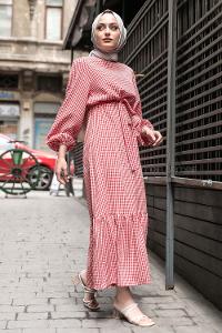 Modalamelif Kuşak Bağlamalı Pötikare  Elbise Kırmızı