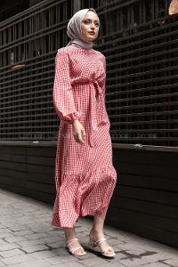 Modalamelif Kuşak Bağlamalı Pötikare  Elbise Kırmızı