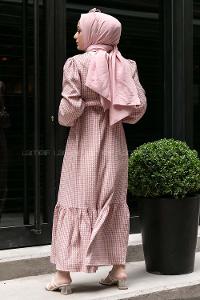 Modalamelif Kuşak Bağlamalı Pötikare  Elbise Pudra