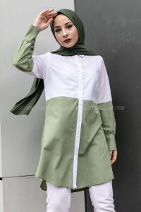 Modalamelif Önü Boydan Düğmeli Renk Garnili Gömlek Çağla