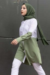 Modalamelif Önü Boydan Düğmeli Renk Garnili Gömlek Çağla