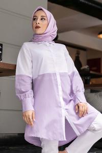 Modalamelif Önü Boydan Düğmeli Renk Garnili Gömlek Lila