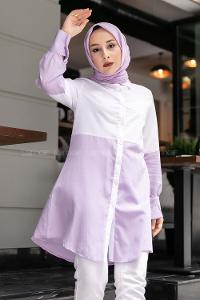 Modalamelif Önü Boydan Düğmeli Renk Garnili Gömlek Lila