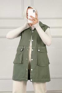 Modalamelif Önü Çıtçıt Düğmeli Yelek Haki Rengi