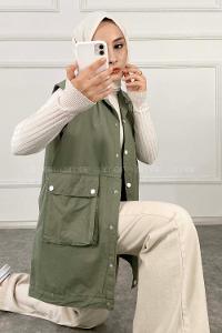 Modalamelif Önü Çıtçıt Düğmeli Yelek Haki Rengi