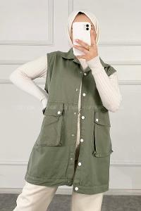 Modalamelif Önü Çıtçıt Düğmeli Yelek Haki Rengi