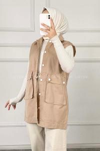 Modalamelif Önü Çıtçıt Düğmeli Yelek Sütlü Kahve