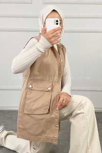 Modalamelif Önü Çıtçıt Düğmeli Yelek Sütlü Kahve