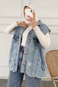 Modalamelif Önü Düğmeli Yırtık Detaylı Oversize Yelek Buz Mavisi