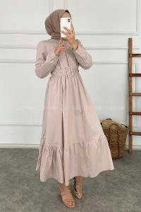 Modalamelif Önü Gizli Düğmeli Beli Kemerli Elbise Taş