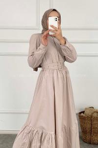 Modalamelif Önü Gizli Düğmeli Beli Kemerli Elbise Taş