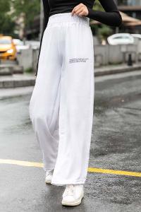 Modalamelif Bel Lastikli Yazı Baskılı Bol Paça Eşofman Beyaz