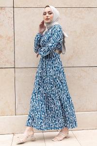 Modalamelif Burçak Desen Hasır Kemerli Elbise İndigo