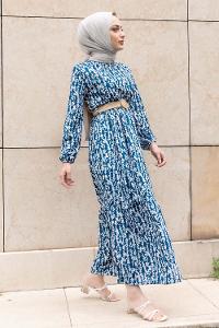 Modalamelif Burçak Desen Hasır Kemerli Elbise İndigo