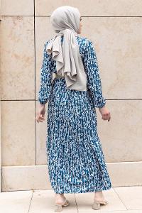 Modalamelif Burçak Desen Hasır Kemerli Elbise İndigo