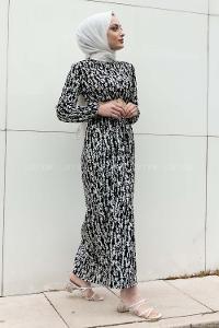 Modalamelif Burçak Desen Hasır Kemerli Elbise Siyah